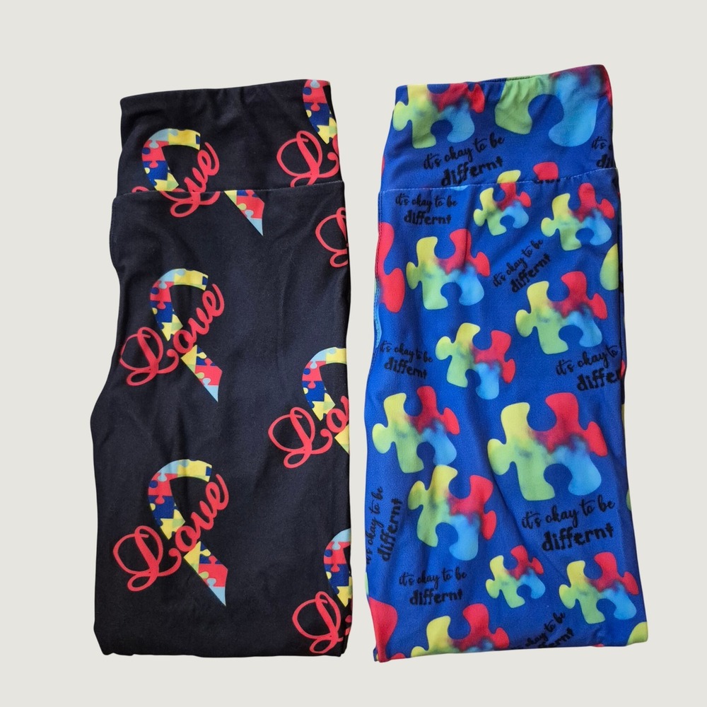 AAL&M Autism Awareness Leggings One Size Puzzle Piece Love Ribbon Lot of 2